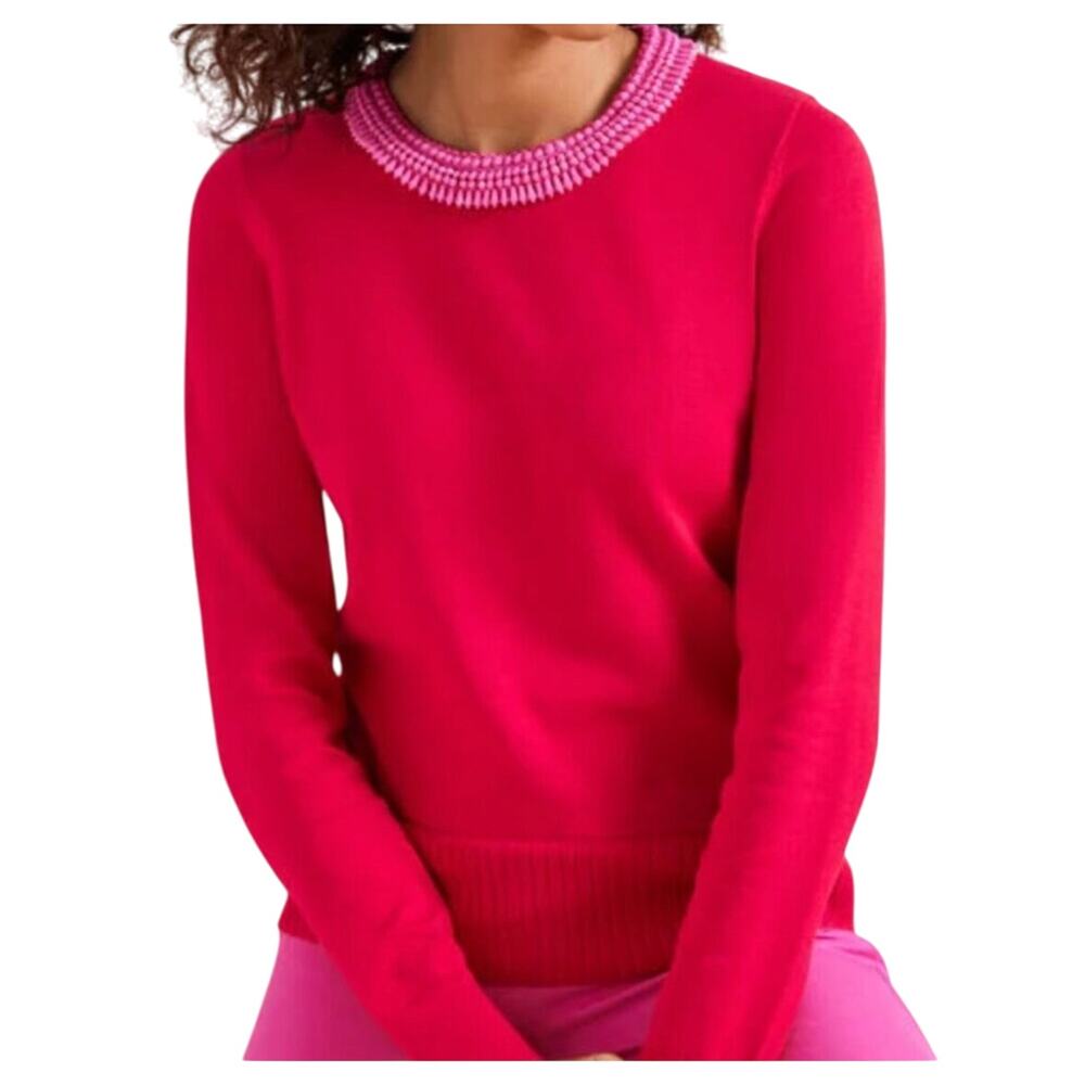 Talbots Red Crewneck Sweater with Pink Beaded Neckline P